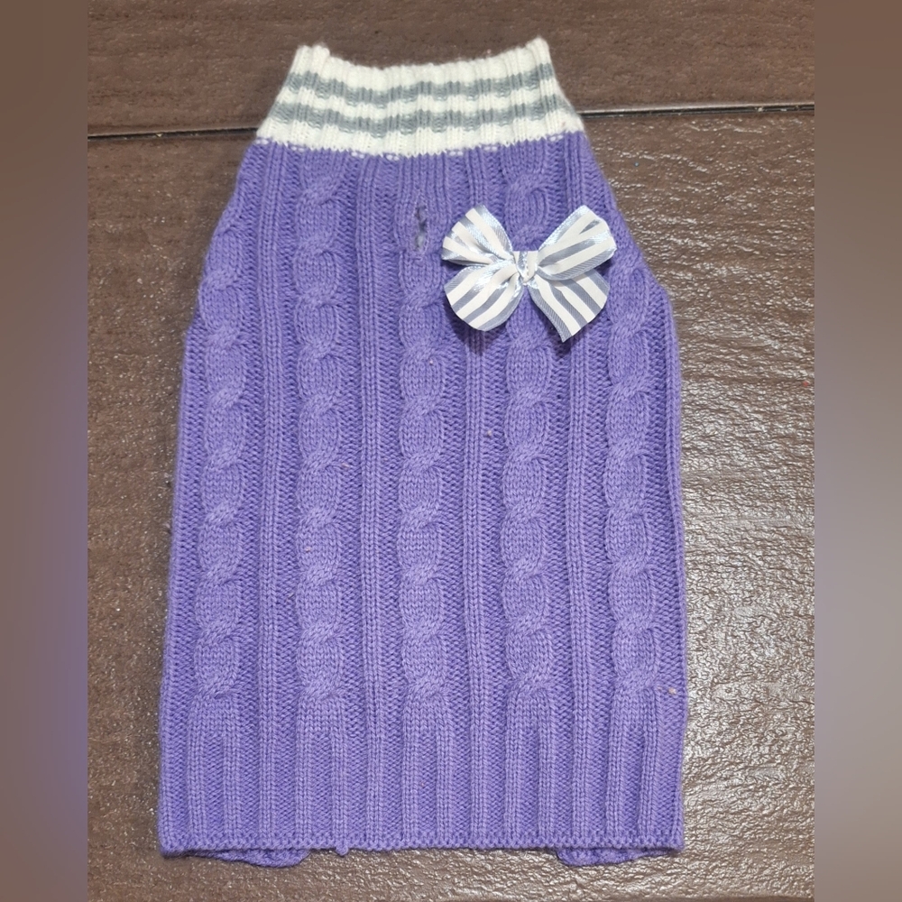 SimplyDog:  Knitted Purple & Gray Sweater w/ Bow. Size:Extra Small, Shih Tzu